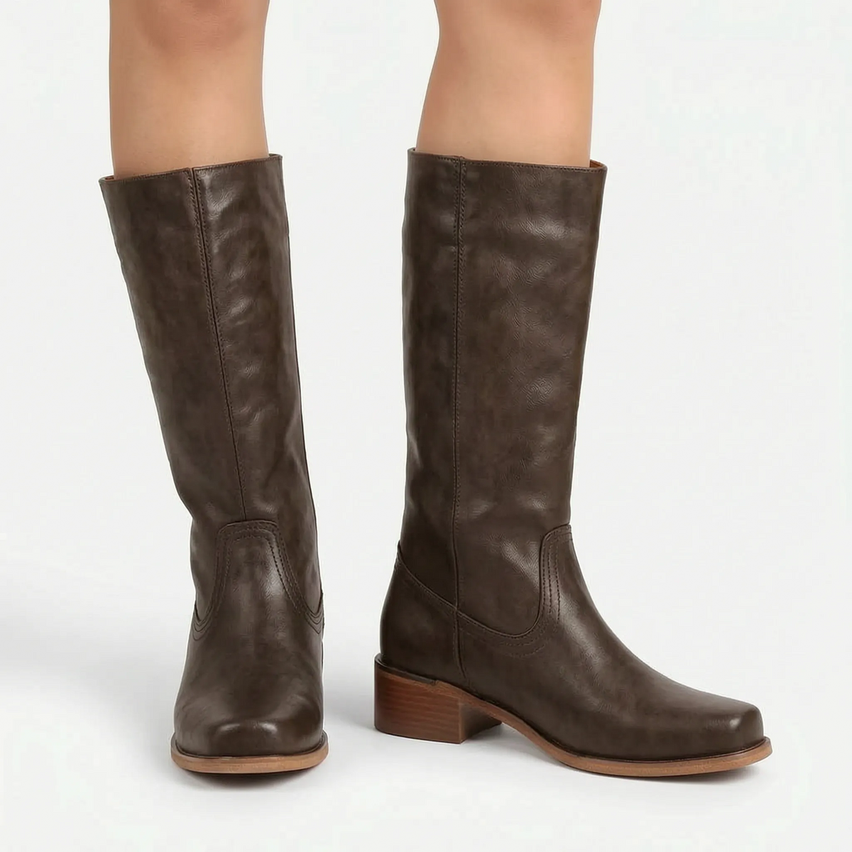 Camel Knee-High Boots with Block Heel