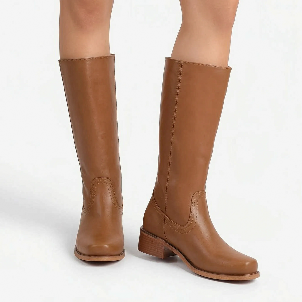 Camel Knee-High Boots with Block Heel