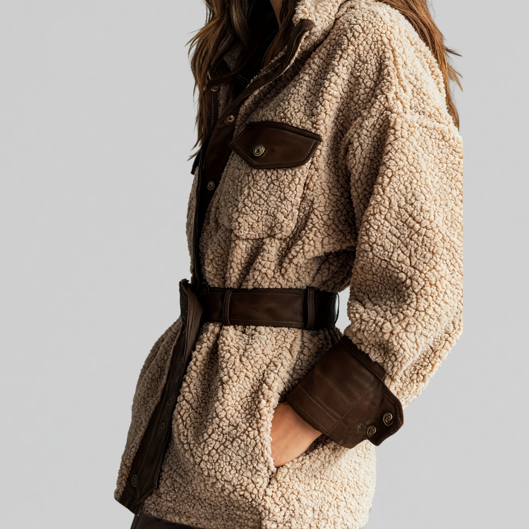 Belted Utility Teddy Coat with Contrast Trim