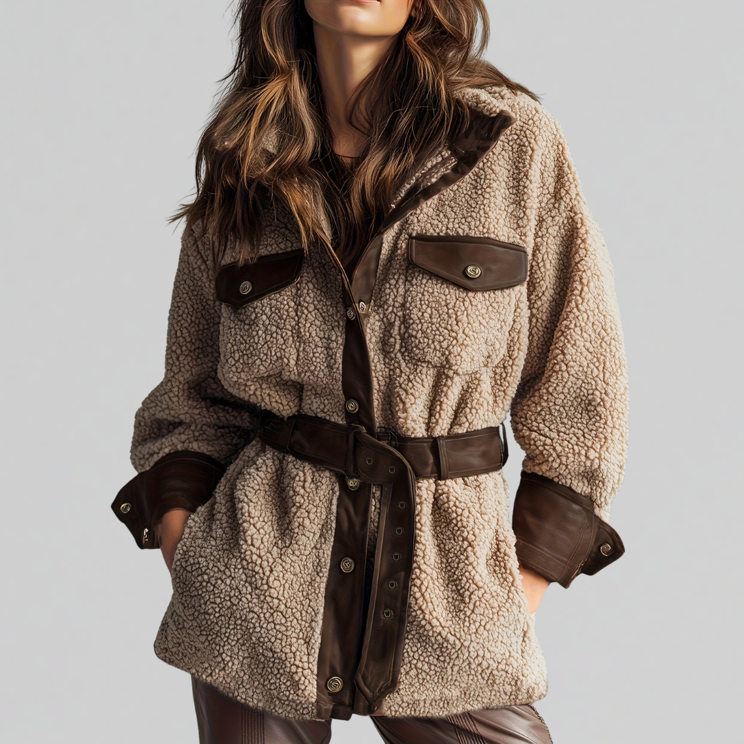 Belted Utility Teddy Coat with Contrast Trim