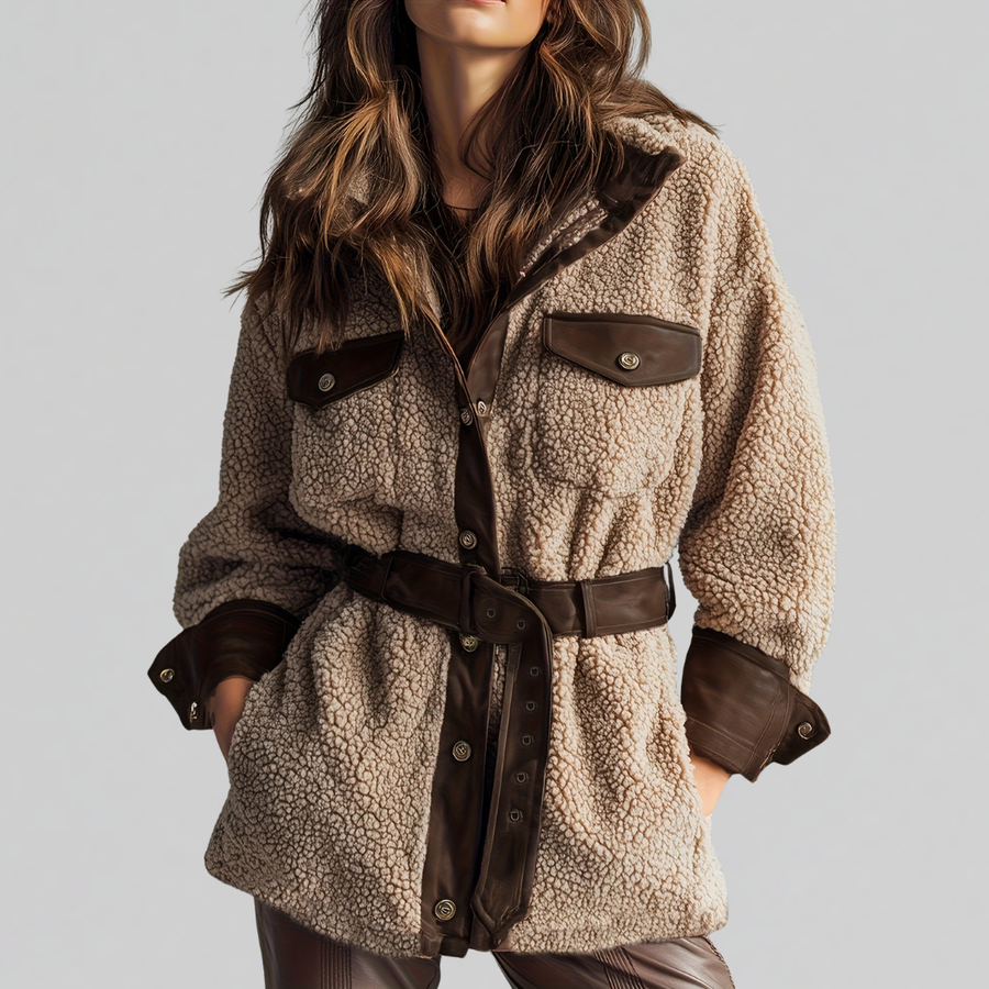 Belted Utility Teddy Coat with Contrast Trim