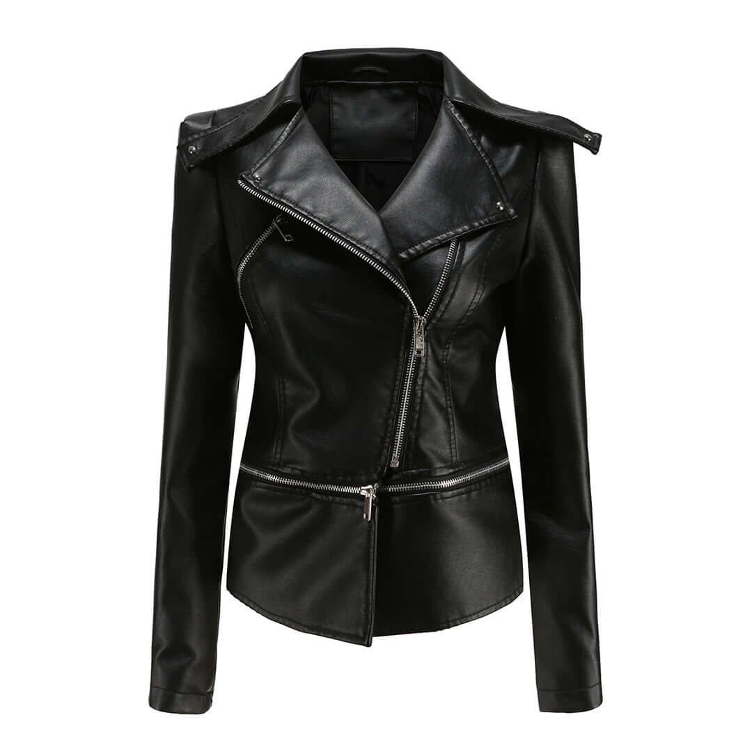 Women's Chic Faux Leather Jacket with Double Zip Detail