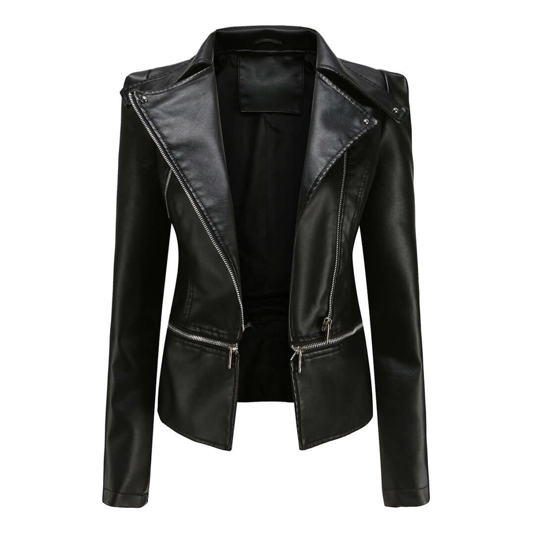 Women's Chic Faux Leather Jacket with Double Zip Detail