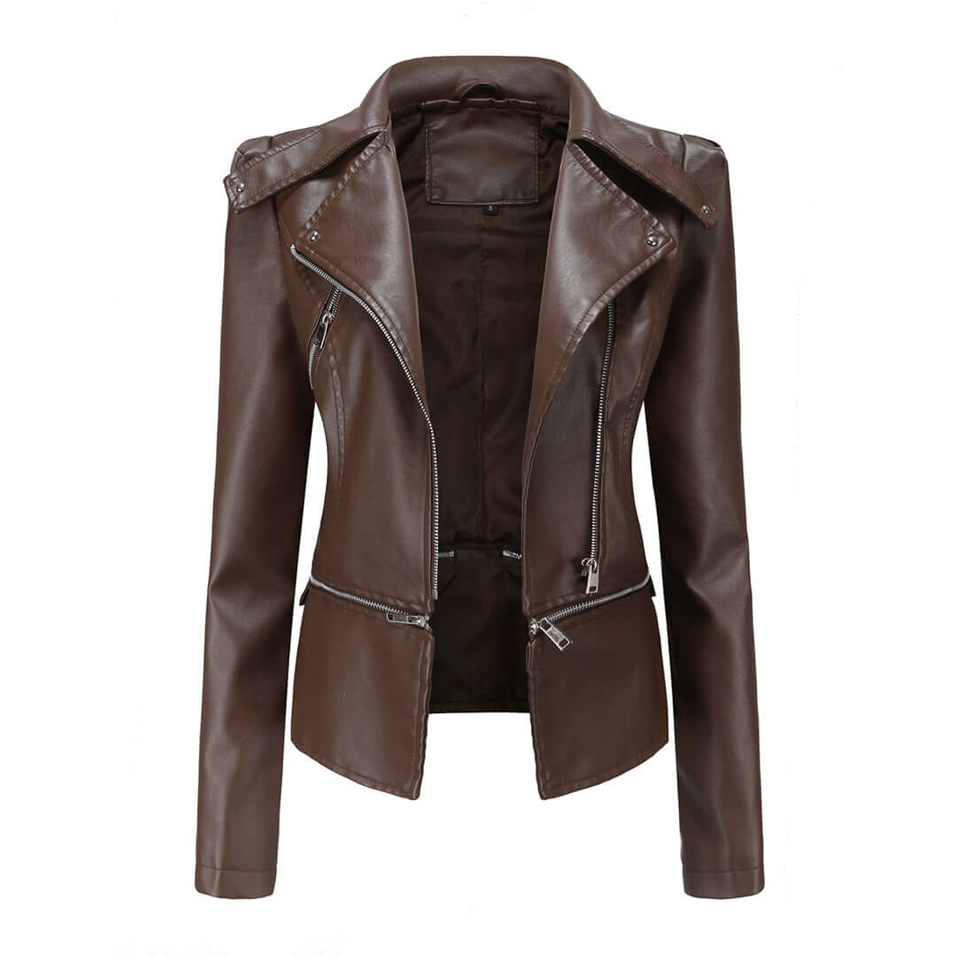 Women's Chic Faux Leather Jacket with Double Zip Detail