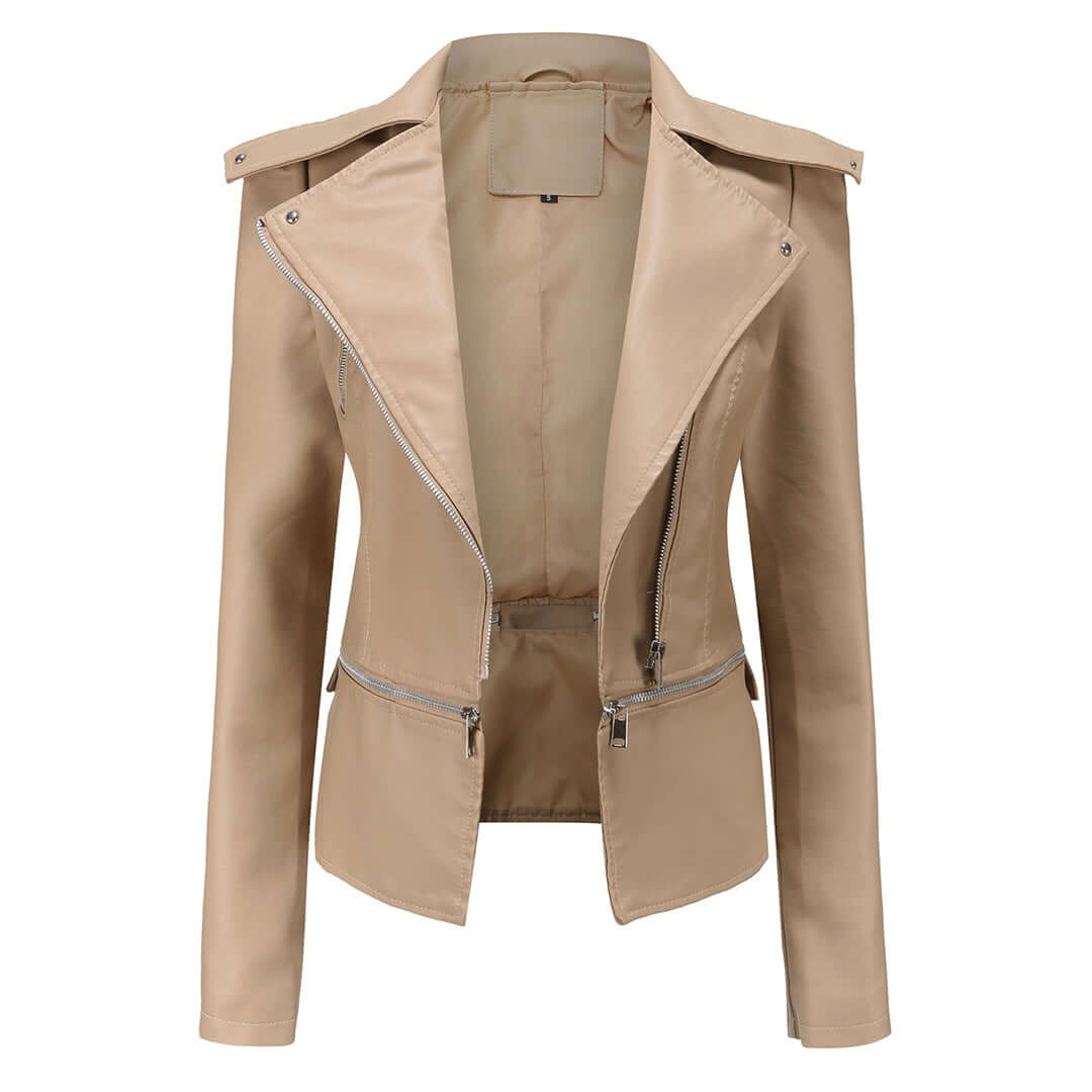 Women's Chic Faux Leather Jacket with Double Zip Detail
