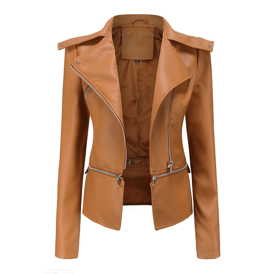Women's Chic Faux Leather Jacket with Double Zip Detail