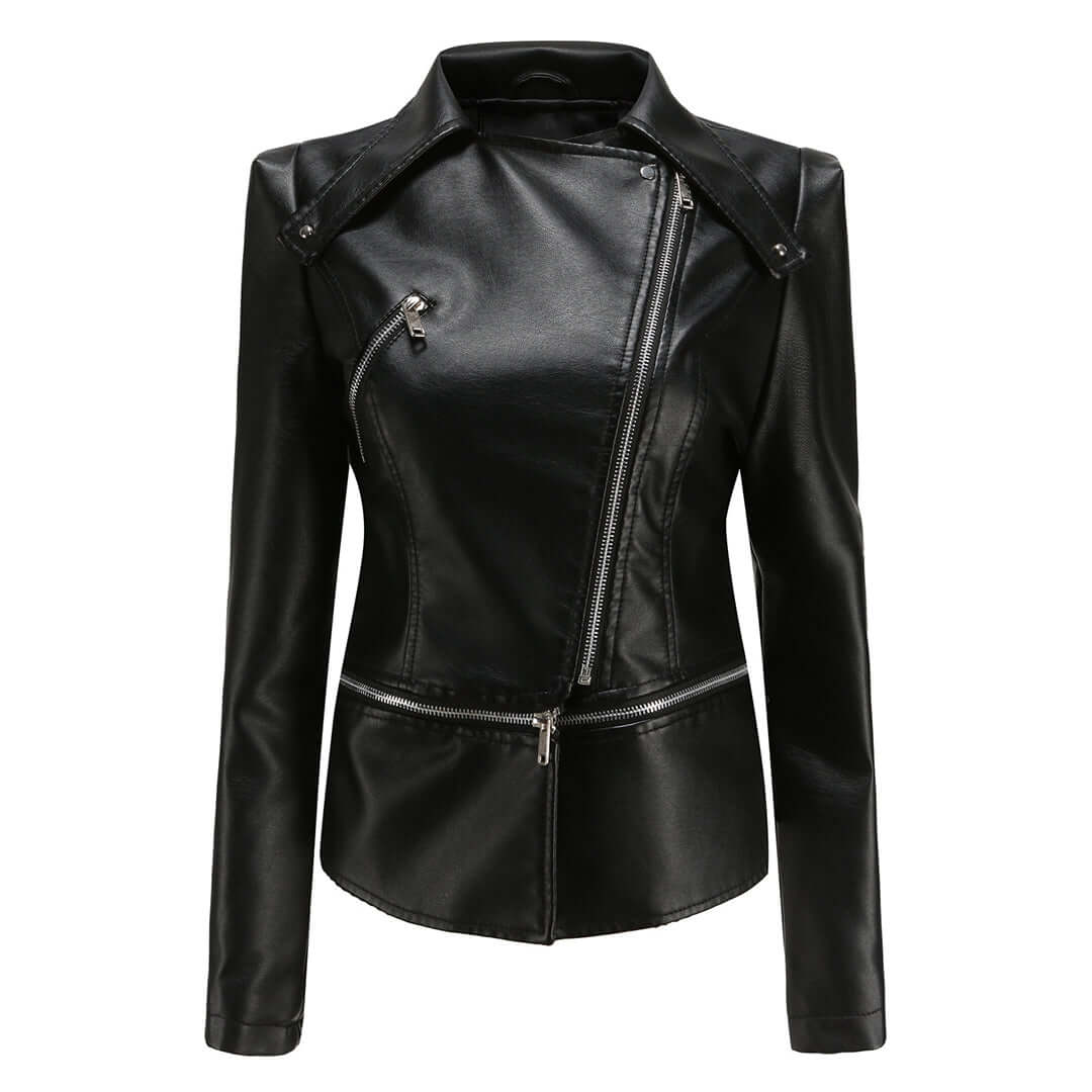 Women's Chic Faux Leather Jacket with Double Zip Detail