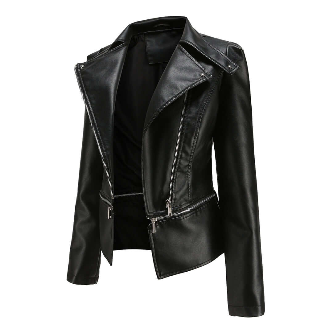 Women's Chic Faux Leather Jacket with Double Zip Detail